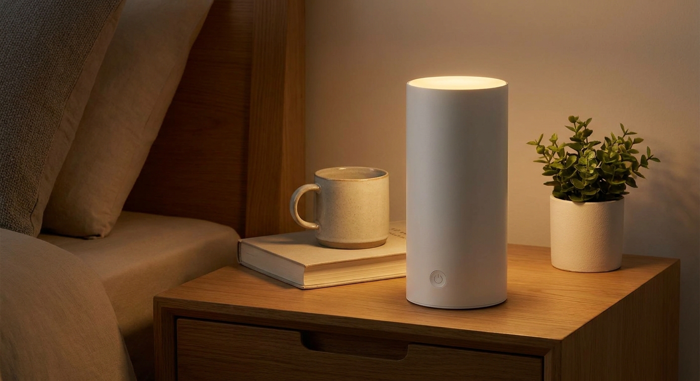 Cylindrical white lamp glowing with warm light on a wooden nightstand next to a