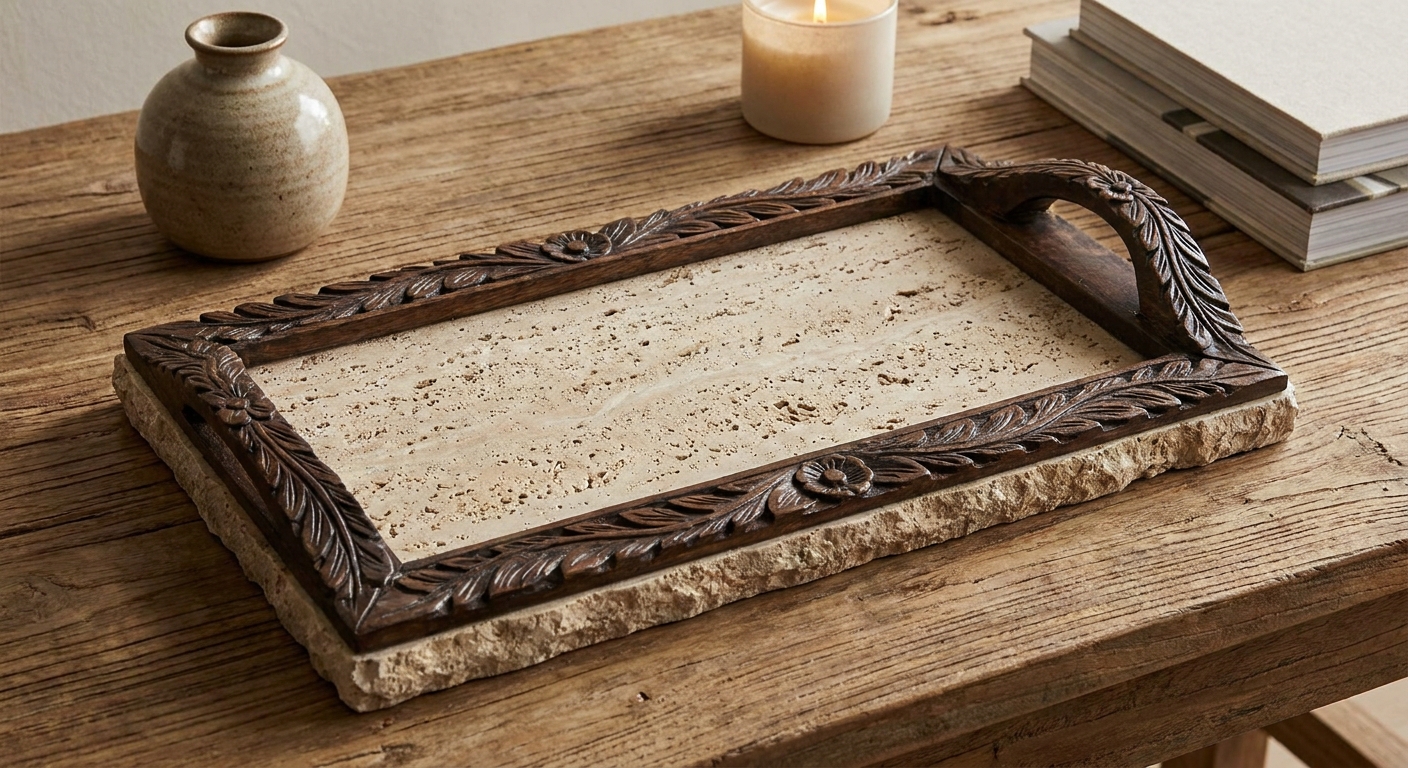 Rectangular travertine stone tray with a dark wood frame featuring intricate