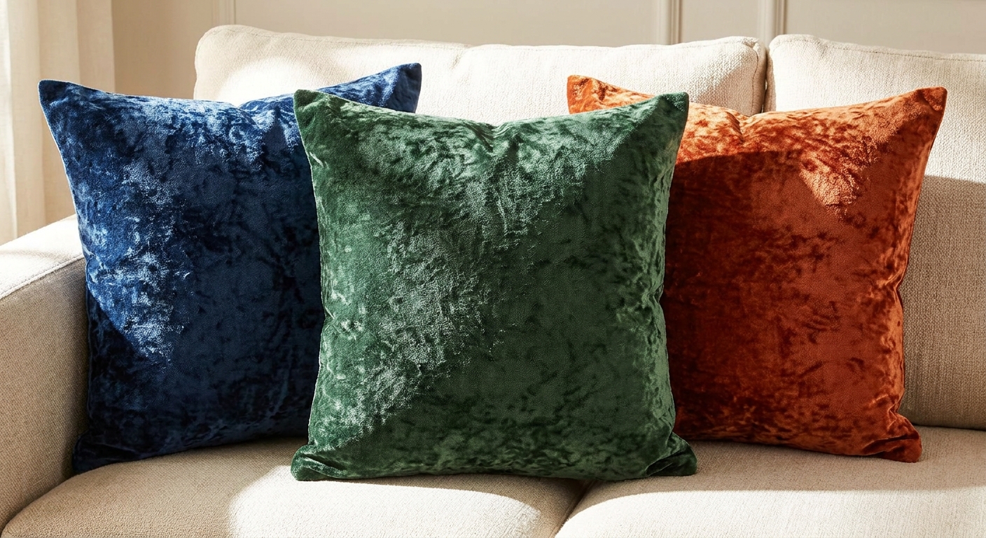 Three crushed velvet throw pillows in navy blue, forest green, and burnt orange