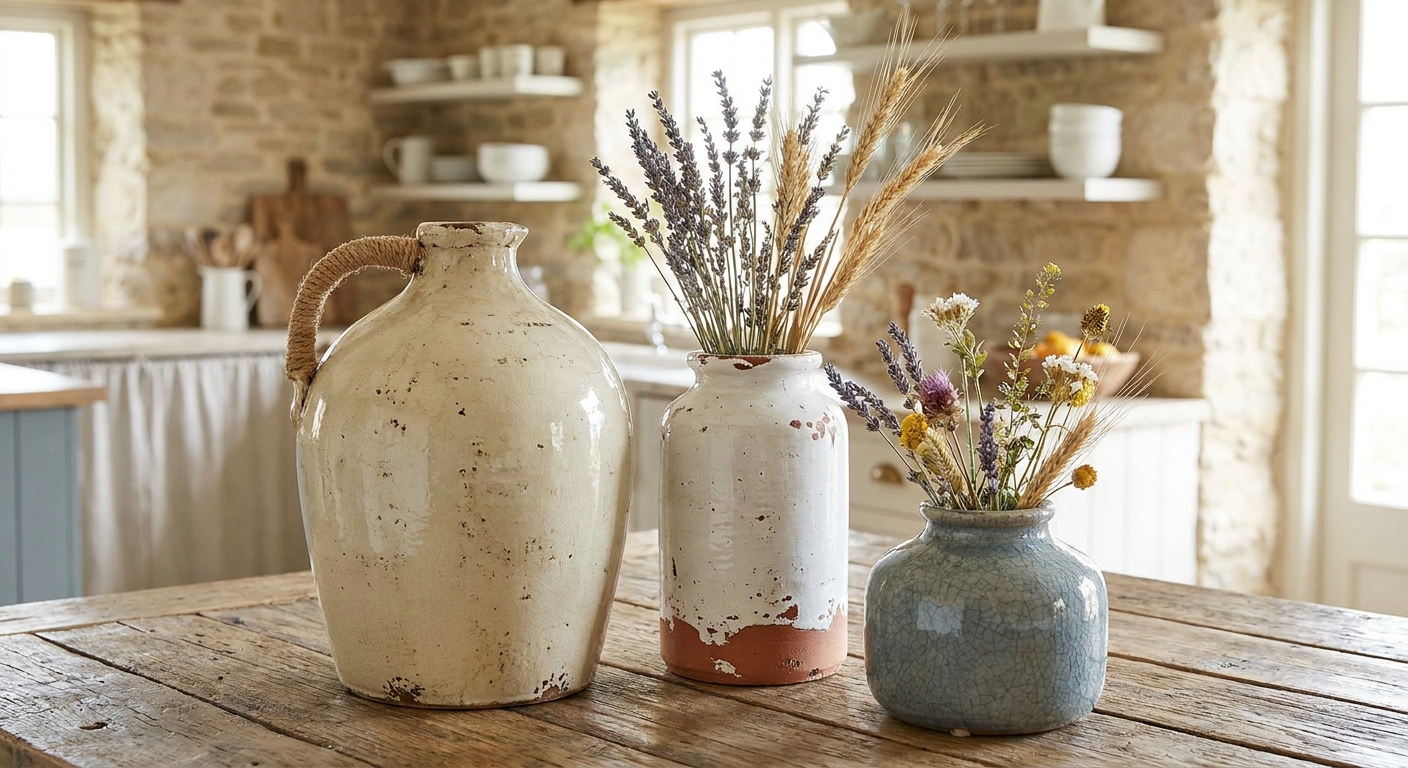 Three rustic ceramic vases on a wooden table, filled with dried lavender,