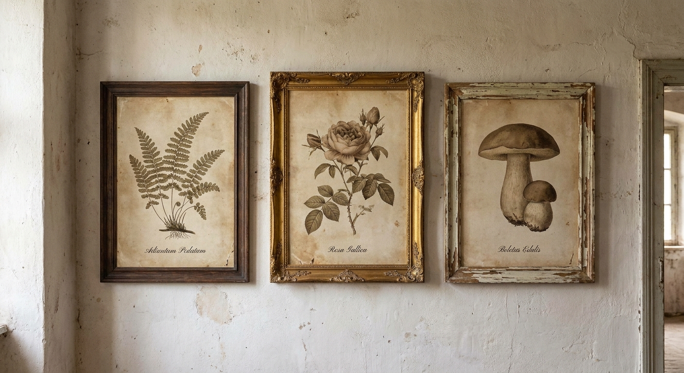 Three vintage botanical illustrations of a fern, a rose, and mushrooms in